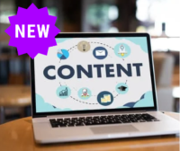 ;laptop with the word 'content' on the screen and highlighted with a purple banner that says 'new'