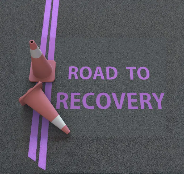 pavement with traffic cones and the words road to recovery