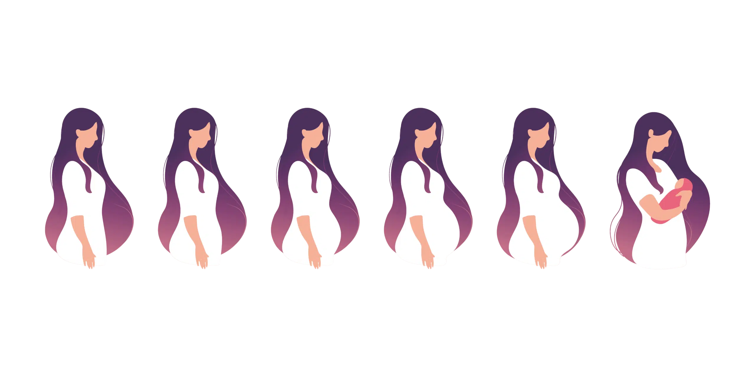 illustration of a woman undergoing different phases of pregnancy until the baby is born and shown in her arms