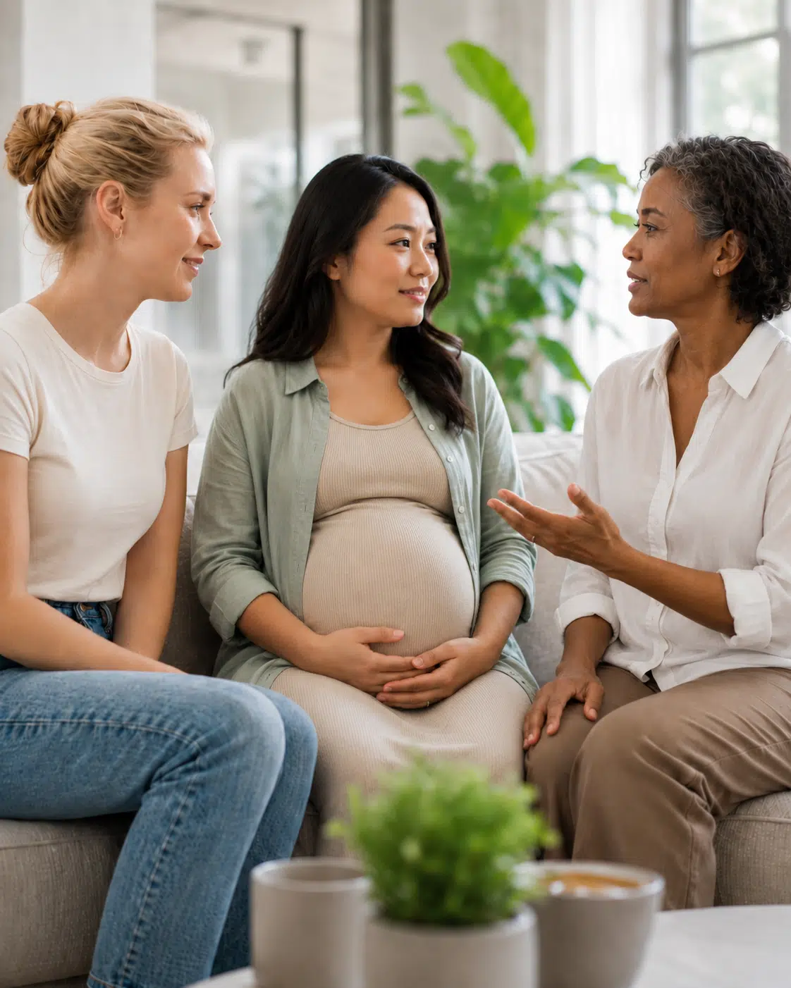 three women of different ages and ethnicities engaged in conversation